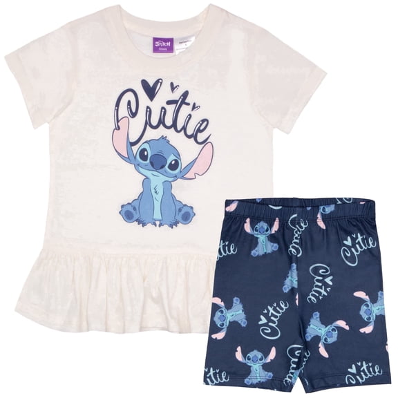 Disney Lilo & Stitch Girls Cutie 2-Piece Ruffle Hem Short Sleeve T-Shirt and Biker Shorts Set for Kids (Sizes 4-6X)