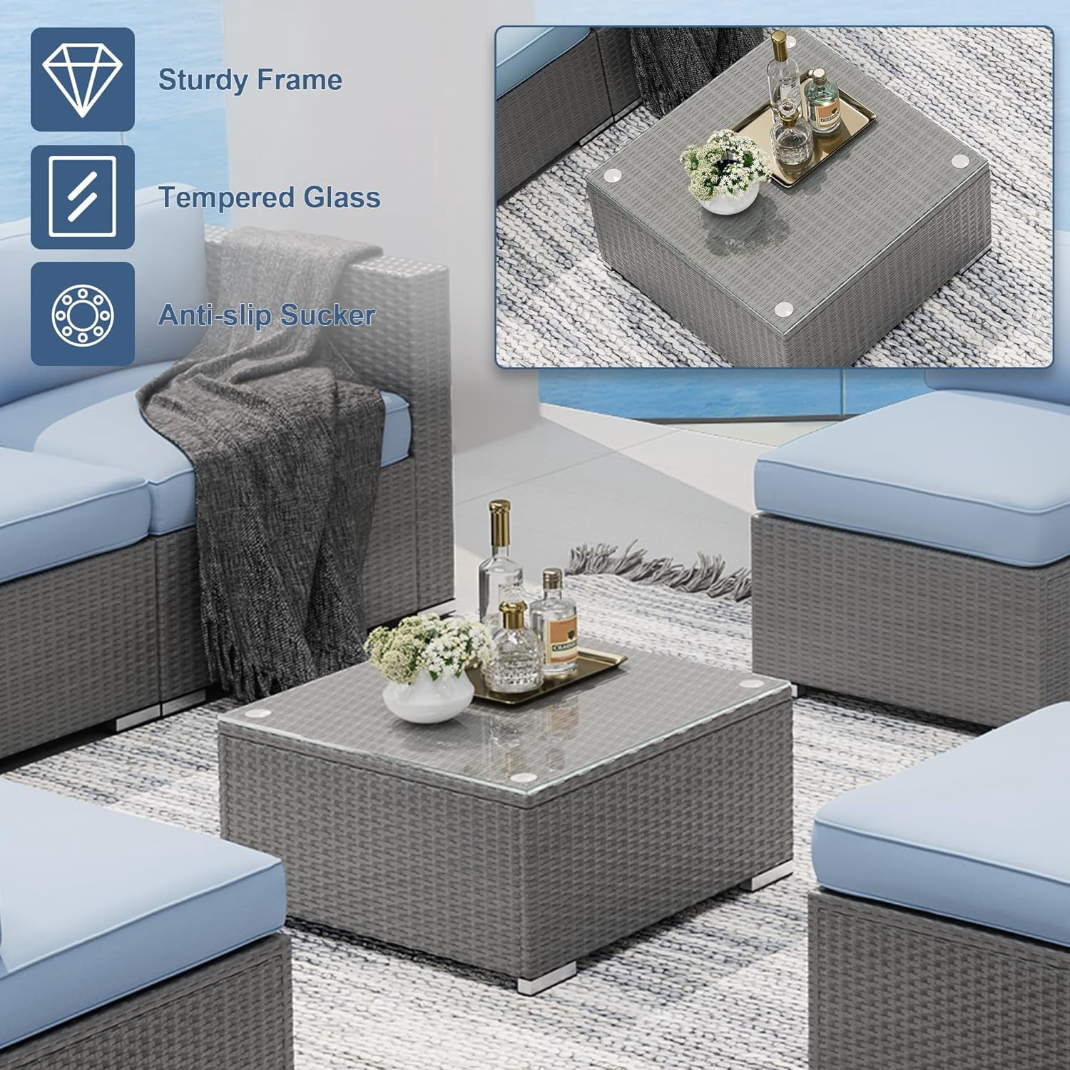 SUNCROWN Outdoor Patio Furniture Set 7 Piece Outdoor Sectional Sofa Grey Wicker Conversation Sofa Set with Coffee Table and Cushions (Light Blue)