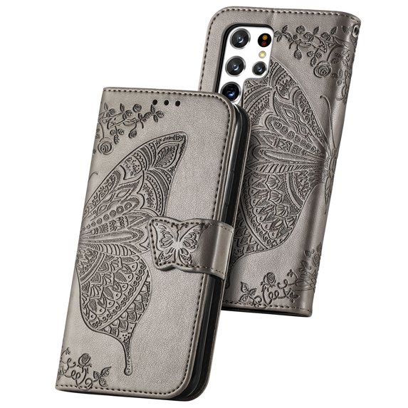 Samsung Galaxy S22 Ultra Case 6.8" 5G 2022 - Allytech Bling Glitter Butterfly Hand Strap Folding Stand Flip Cover Shell Protective Cards Holder Wallet Case for Samsung Galaxy S22 Ultra - Gray