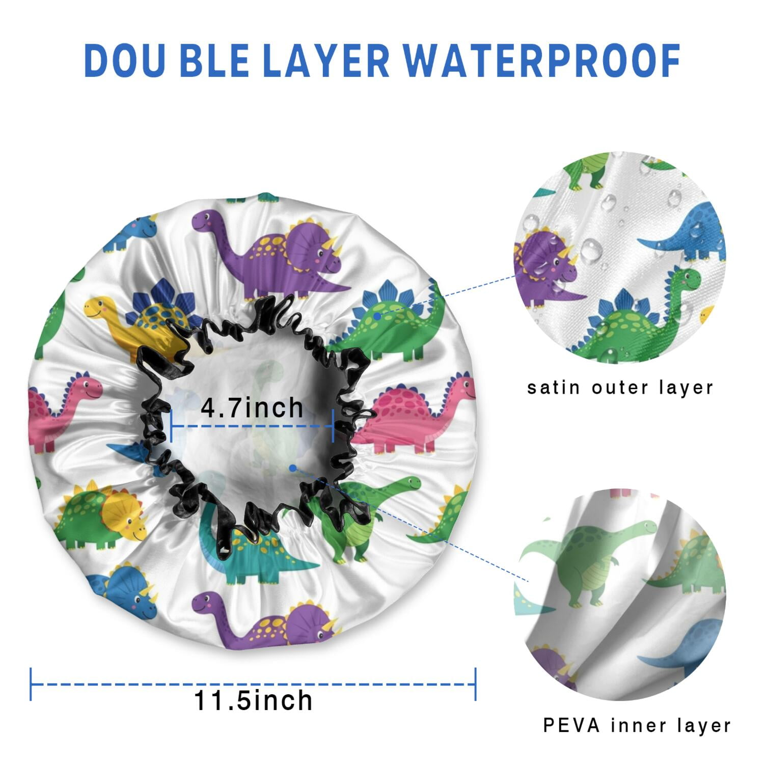 Shower Caps,White Cartoon Dinosaurs Pattern Waterproof Shower Cap for Women 4 Pieces,Double Reusable Hair Cover for Shower PEVA Elastic Stretch Hem