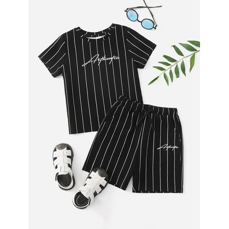 

Short Sleeve Toddler Boys Letter and Striped Print Tops T Shirt Shorts Set S221904X Black 6Y(46IN)