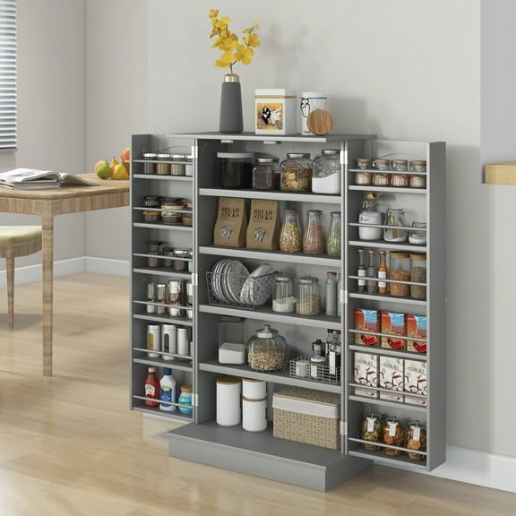 HOMCOM 41" Kitchen Pantry, 2-Door Kitchen Cabinet with 5-tier Storage Shelving, 12 Spice Racks and Adjustable Shelves for Dining Room, Gray