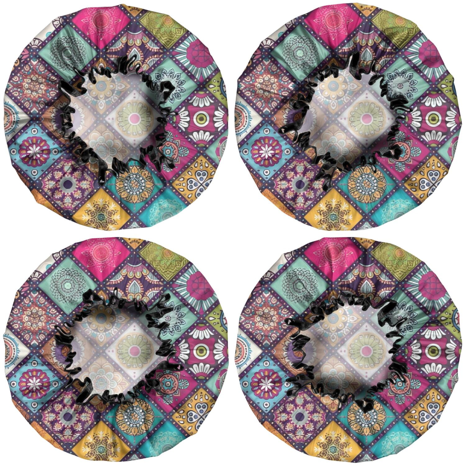 Shower Caps,Multicolor Ethnic Geometric Patchwork Pattern Waterproof Shower Cap for Women 4 Pieces,Double Reusable Hair Cover for Shower PEVA Elastic Stretch Hem