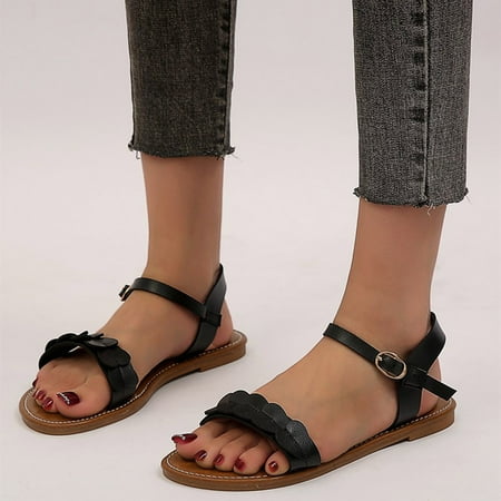 

〖Yilirongyumm〗 Black 40 Sandals Women Ladies Fashion Summer Solid Color Leather Heart Decorative Flat Buckle Sandals