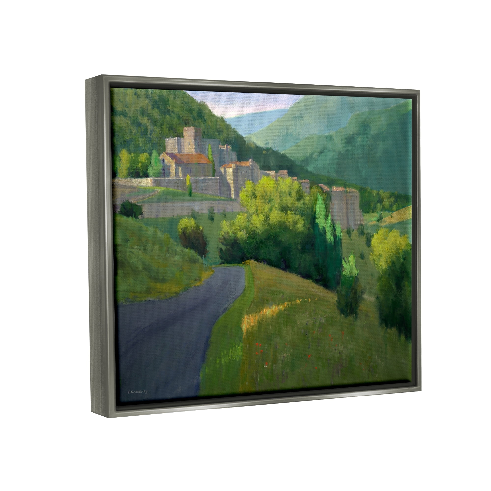 Stupell Industries Winding Road Path Distant Rural Farm Town Graphic Art Luster Gray Floating Framed Canvas Print Wall Art, Design by Ian Roberts