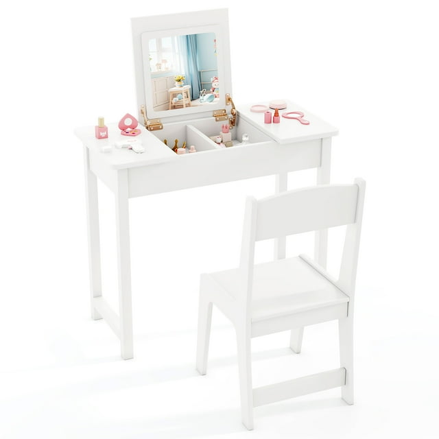 Gymax Kids Vanity Table & Chair Set 2-in-1 Princess Makeup Dressing Desk Set White