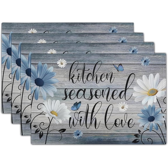 Rustic Farmhouse Quote Placemat Set of 4, 12x18 Inch Daisy Flowers Kitchen Seasoned with Love Grey Linen Washable Table Mats for Home Party Indoor Kitchen Dining Decoration