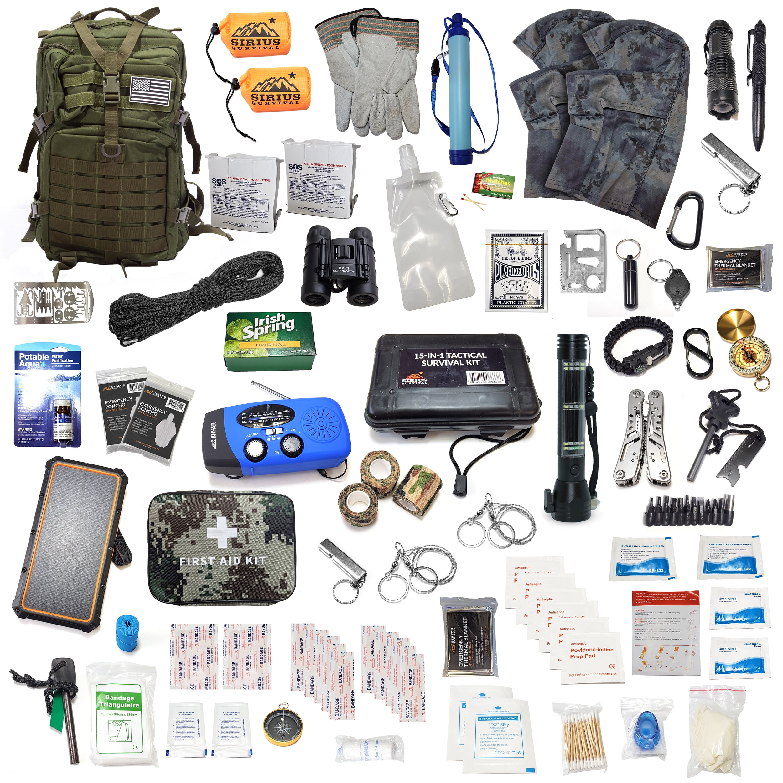 Sirius Survival Pre-Packed Emergency Survival Kit/Bug Out Bag for 2 - Over 150 Pieces, Olive Green, 50BOB01-OG