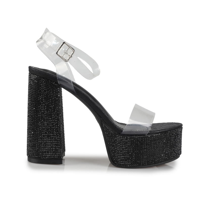 Women's Rhinestones Clear Strap Platform Block Heeled Sandals