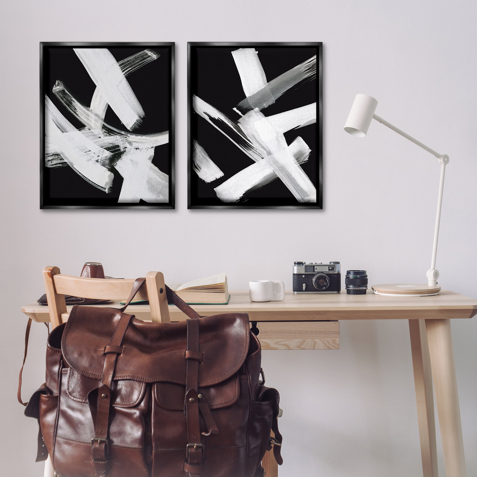 Stupell Industries Abstract Lines White on Black Abstract Painting Black Floater Framed Canvas Art Print Wall Art, 31 x 25, Set of 2