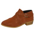 thumbnail image 2 of Willtoo Women Vintage Ankle Boots Solid Leather Cross Buckle Straps Round Toe Chunky Block Heels Side Zipper Western Booties Waterproof Stylish Breathable Daily Dressy Office Short Shoes Brown, 2 of 5