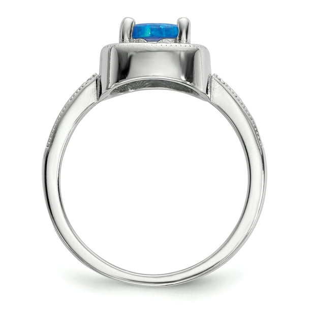 925 Sterling Silver Rhodium-plated Square Blue Created Opal Cubic Zirconia  Ring