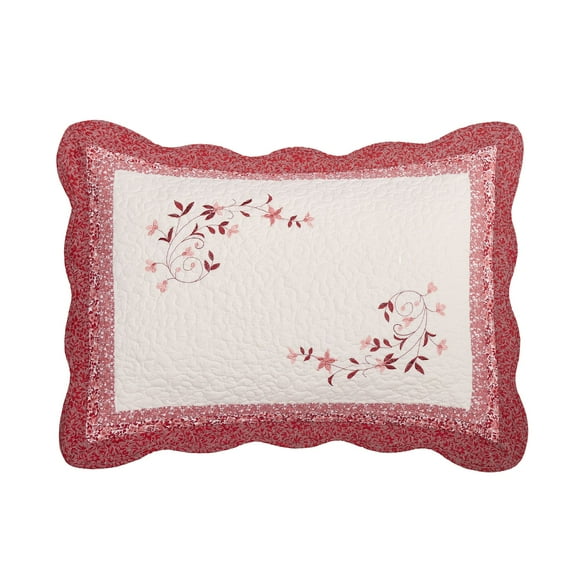 Modern Heirloom Caroline Red Floral Embroidered and Pieced Single Pillow Sham, Standard Size