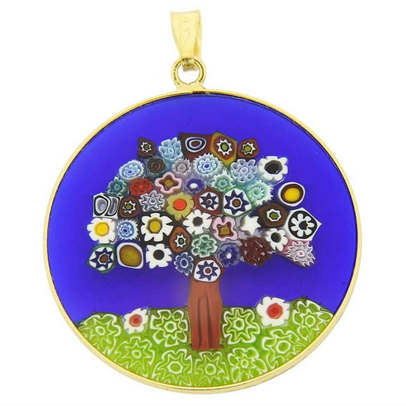 GlassOfVenice Murano Glass Millefiori Pendant "Tree of Life" in Gold-Plated Frame 1-1/4"