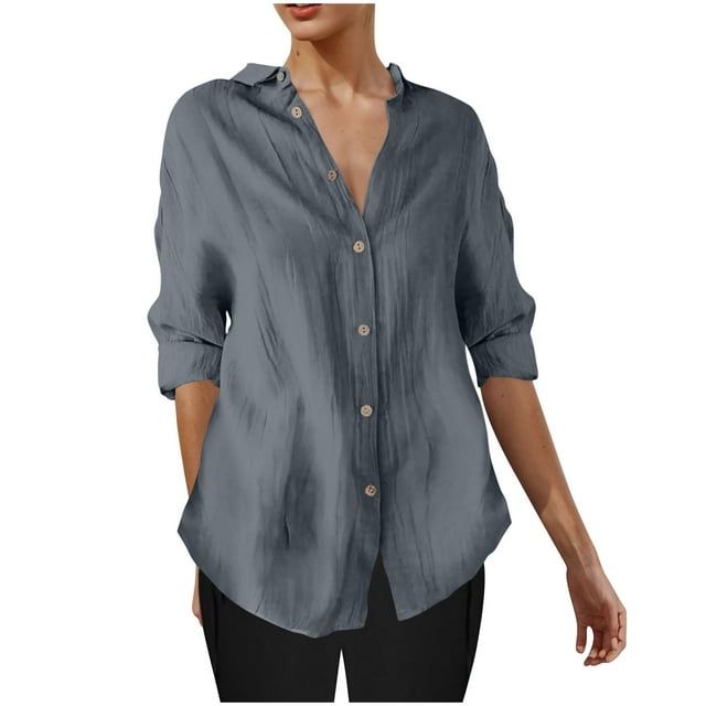 Timegard 3/4 Length Sleeve Tops for Women Button down Shirts Lightweight Solid Color Casual Work Blouse