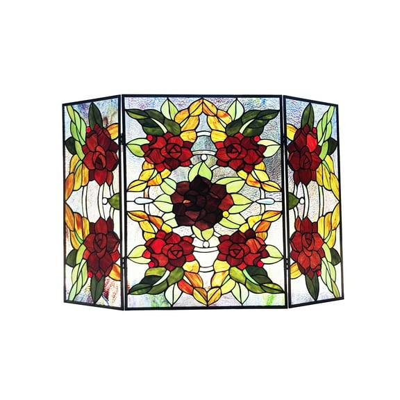 CHLOE Canna Tiffany 3pcs Folding Floral Stained Glass Fireplace Screen 40" Width