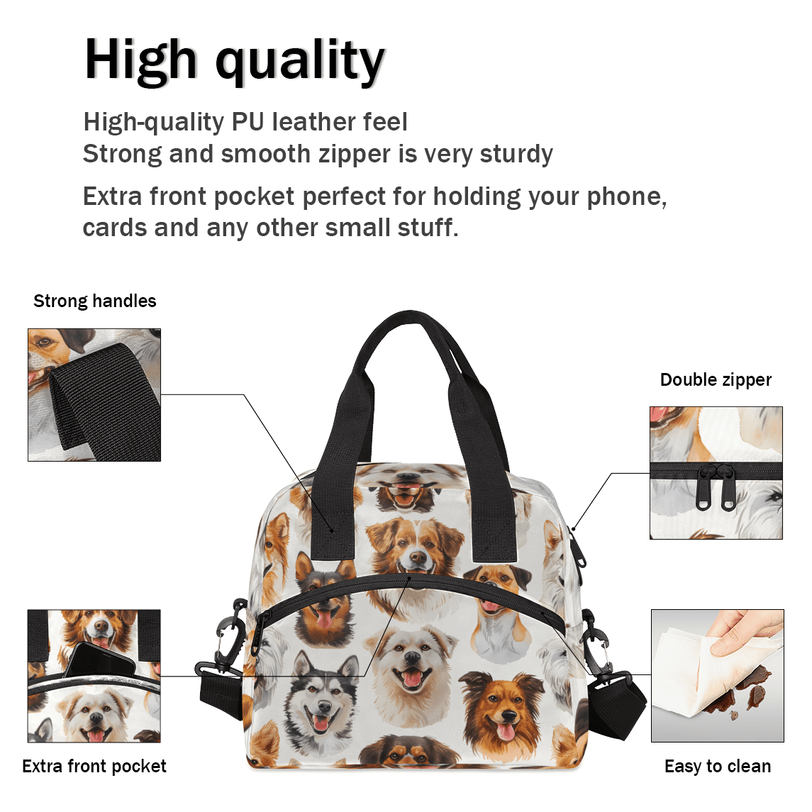 Herdesigns Cute Dogs Insulated Lunch Bag for Women Men Adults Large Reusable Lunch Box Puppy Pets Leakproof Cooler Tote Bags with Adjustable Shoulder Strap