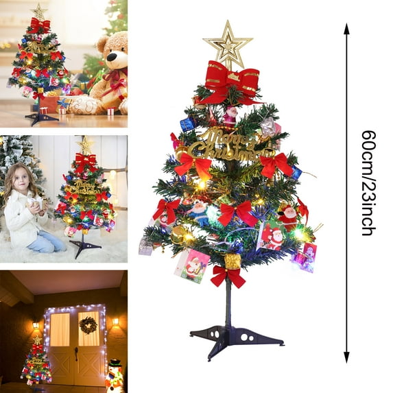 60cm Artificial Small Tabletop Christmas Pine Tree with LED String Lights Ornaments