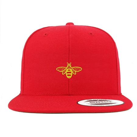 Flat Bill Baseball - Bee Embroidered Flat Bill Snapback Baseball Cap - Red