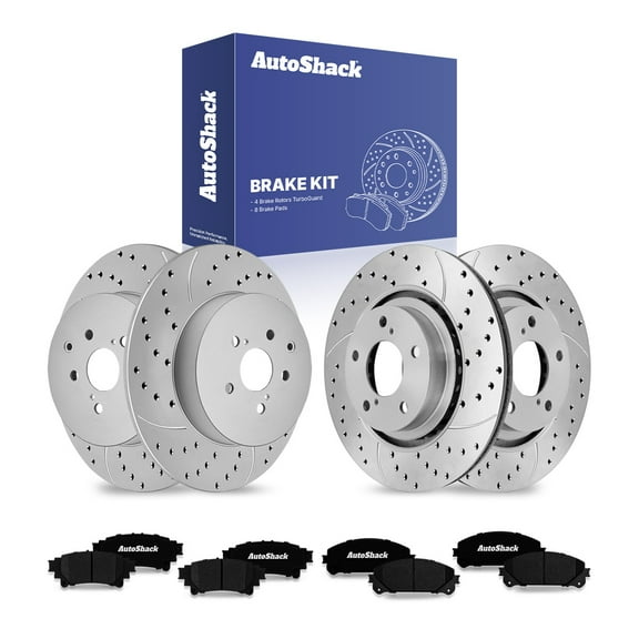 AutoShack Front Vented & Rear Solid Drilled & Slotted Coated Brake Rotors Silver Matte Finish   Ceramic Pads 12-PC Brake Kit Replacement for 2011-2020 Toyota Sienna 2010-2015 Lexus RX350 TurboGuard