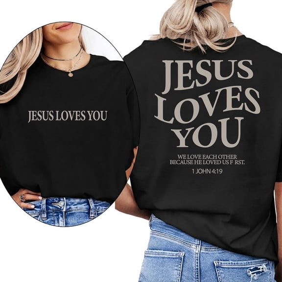 Jesus Loves You Christian Merch Pattern Womens T Shirt Christian Bible Verse Graphic Tees Short Sleeve Tops
