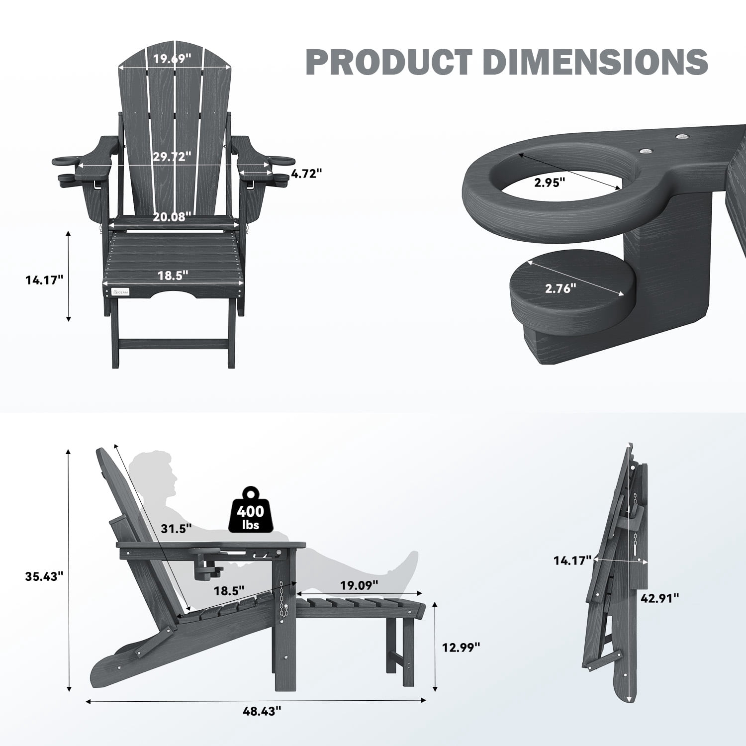 Erinnyees 3-Level Adjustable Adirondack Chair with Retractable Ottoman, HDPE All-Weather Folding Fire Pit Chair with 2 Cup Holders, Outdoor Chair for Garden