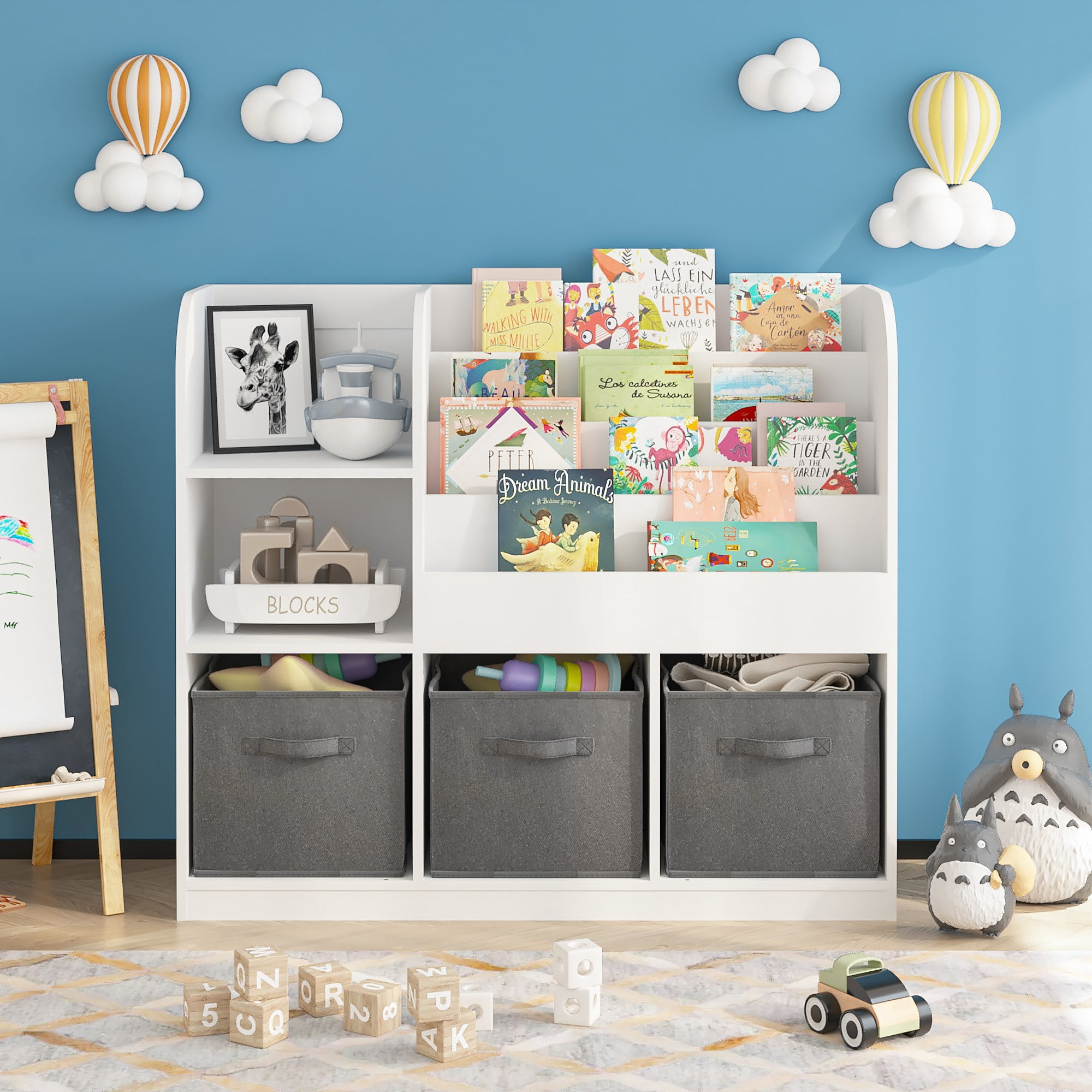 Kids Bookcase and Bookshelf, Multifunctional Bookcase with 3 Collapsible Fabric Drawers, Bookcase Display Stand, Toy Storage Organizer for Bedroom, Playroom, Hallway
