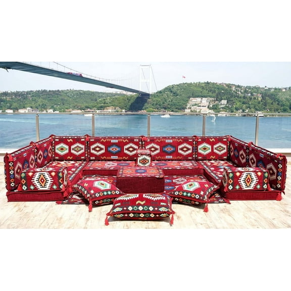 U Shaped Burgundy Arabic Sofa, Turkish Sofa with Floor Cushions, Diwan Sofa, Convertible Sofa Set, Diwan Sofa, Floor Cushions for Adults