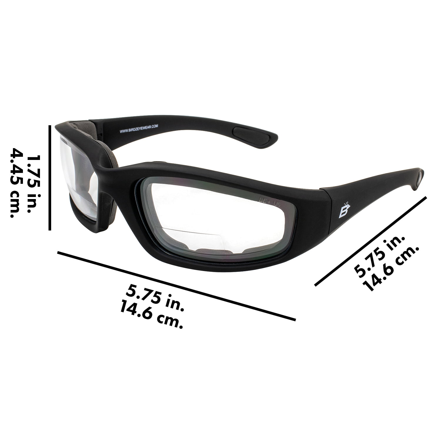 Birdz Eyewear Oriole Padded Safety Bifocal Motorcycle Glasses Black Frame  Clear Lenses 1.75 Magnification Carry Bag