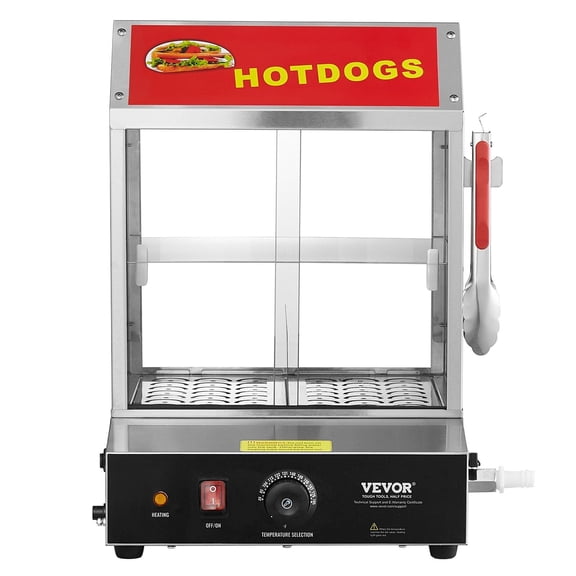 2-Tier Commercial Hot Dog Steamer with Bun Warmer 28.5QT Electric Roller Grill | Slide Glass Doors for Food Court, Convenience Stores & Food Trucks