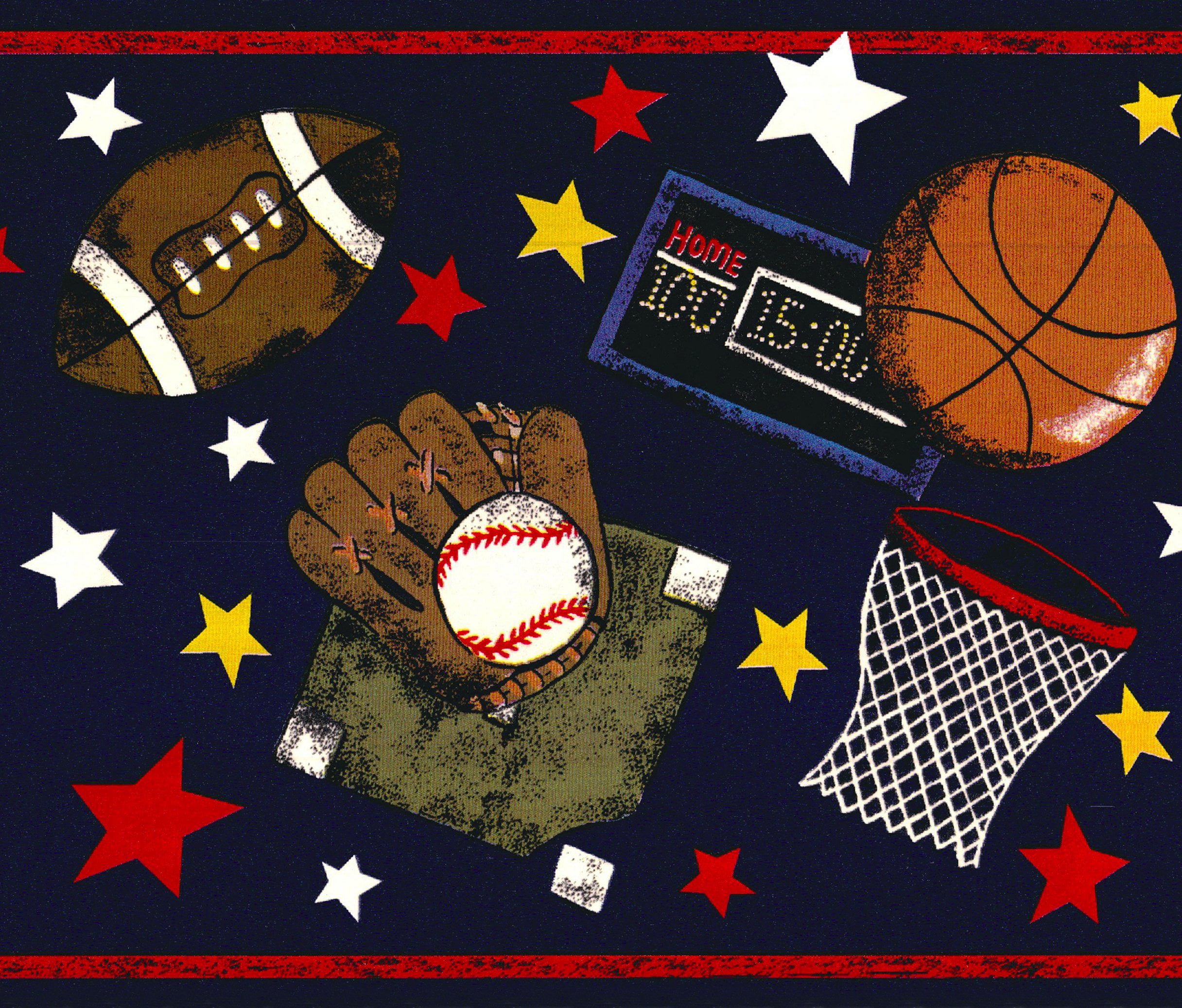 Dundee Deco Unpasted Wallpaper Border - Sports Red, Black, White, Navy Ball, Stars, Helmet, Bat, 15 ft x 9 in