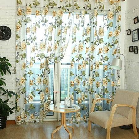 Bead Window Treatments Floral Embroidered Sheer Curtains with Bead Hem, Voile Window Treatment Rod Pocket Curtain Panels, Semi Sheer Curtains for Bedroom, Yard, Patio, Villa, Parlor, 39.4 x 98.4 inches (Yellow,1 Panel Only) ()