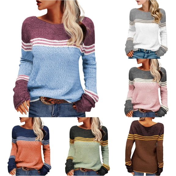 XIYON Sweaters for Women Striped Color Block Knit Sweater Elegant Fall Winter Long Sleeve Crewneck Top for Office Wear