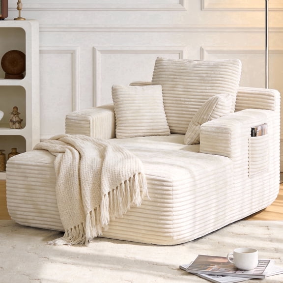 Oversized Chaise Lounge Chair Indoor, Sleeper Sofa Bed with 64" Long Lounge Surface, No Assembly Boneless Corduroy Upholstered Chaise with Side Pockets for Apartment & Living Room