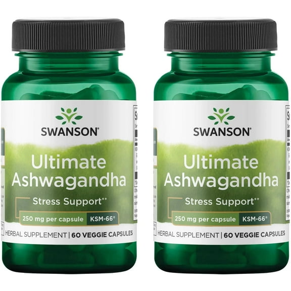 Swanson Ultimate Ashwagandha KSM-66 - Herbal Supplement Supporting Healthy Stress Levels & Relaxation - Natural Formula to Promote a Calm & Relaxed Mindset - (60 Veggie Capsules, 250mg Each) 2 Pack