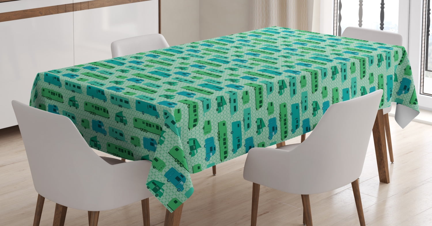 Camper Tablecloth, Grid Style Squares Background with Various Caravan