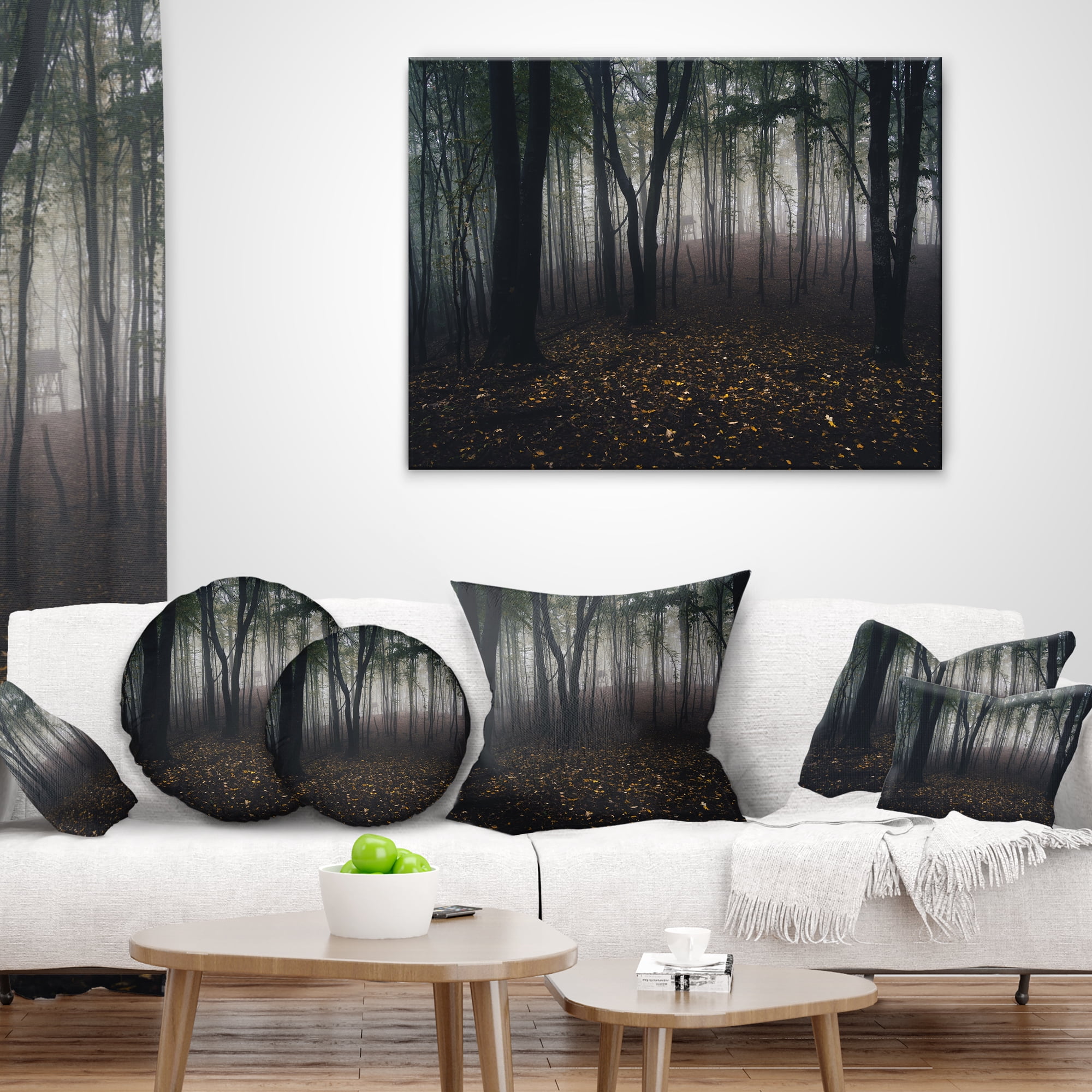 Designart Dark Spooky Misty Wild Forest - Oversized Forest Throw Pillow - 12x20