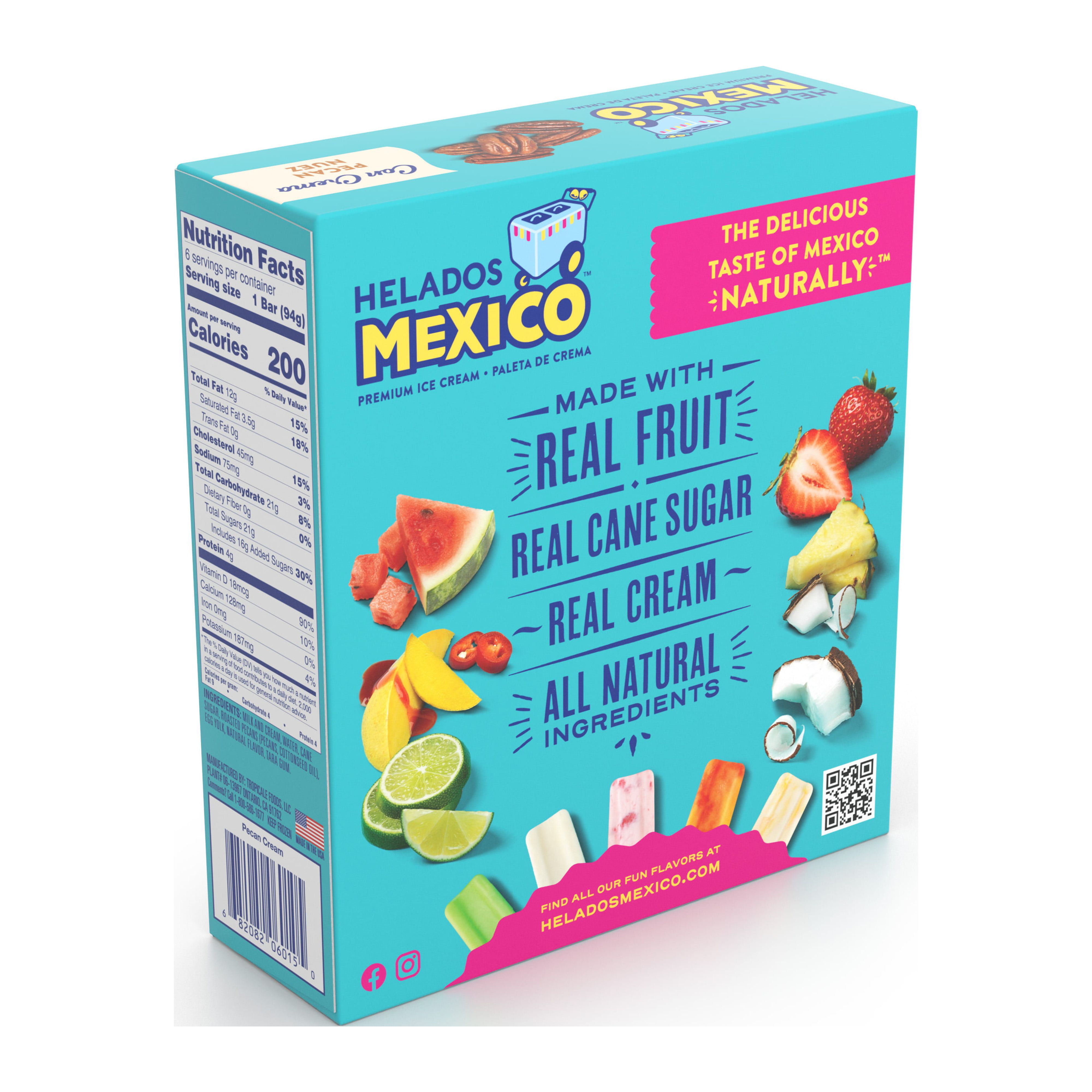 Helados Mexico Pecan Premium Ice Cream Bar, Gluten-Free, 6 Cream Paletas, 18 fl oz, Frozen