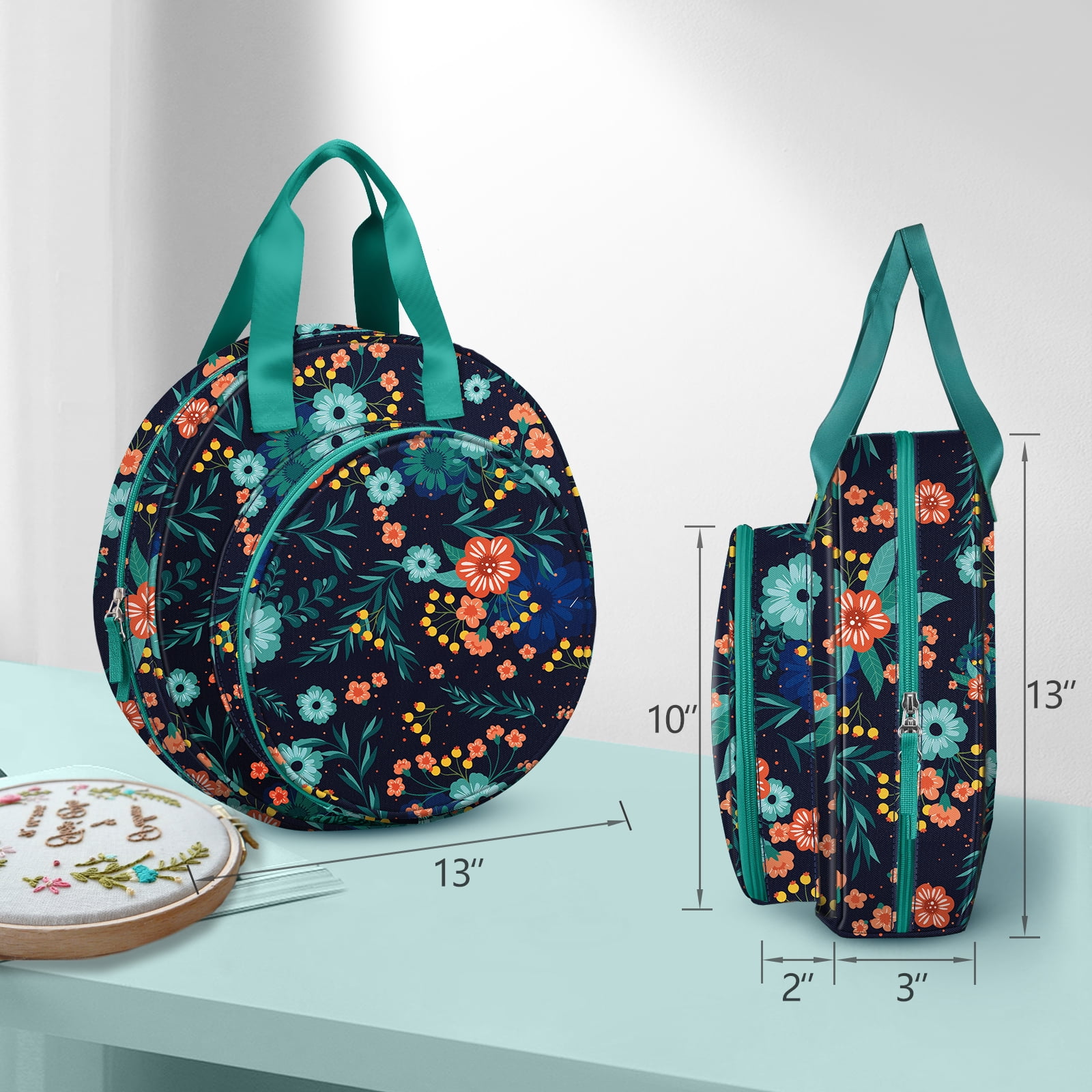FINPAC Embroidery Project Bag, Embroidery Supplies Storage Carrying Tote Case with Multiple Pockets for Embroidery Floss, Embroidery Hoops, Thread, Stitch Tools Kit, Navy Bloom (Carrying Case only)