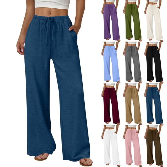 Women's Linen Straight Pants Solid-Color Stretched-Waist Drawstring Wide-Leg Trousers with Pockets for Spring And Summer S-2XL