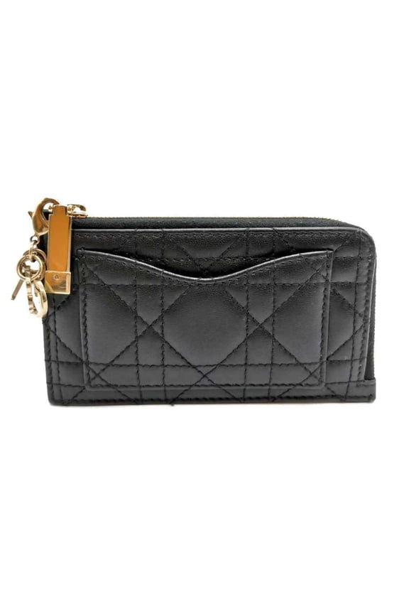 Pre-Owned Christian Dior Cannage Fragment Case Coin and Card Holder in Black Leather for Women