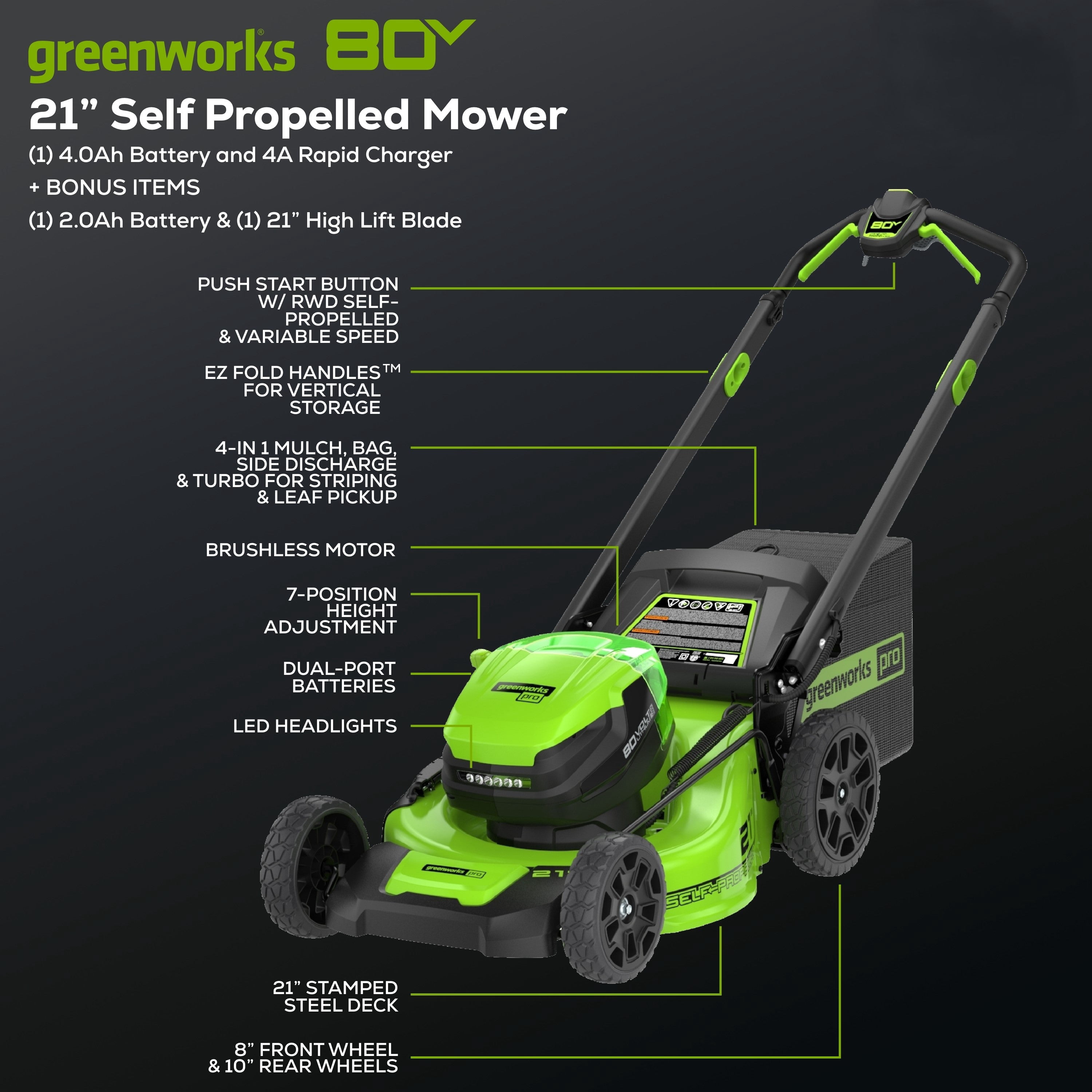 Greenworks Walk-Behind Mower 80V Cordless Battery 4-in-1 Self-Propelled 21 Inches