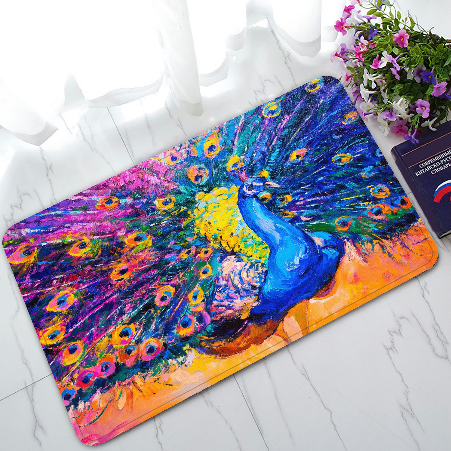 PHFZK Oil Painting Doormat, Elegant Peacock Bird Colorful Doormat