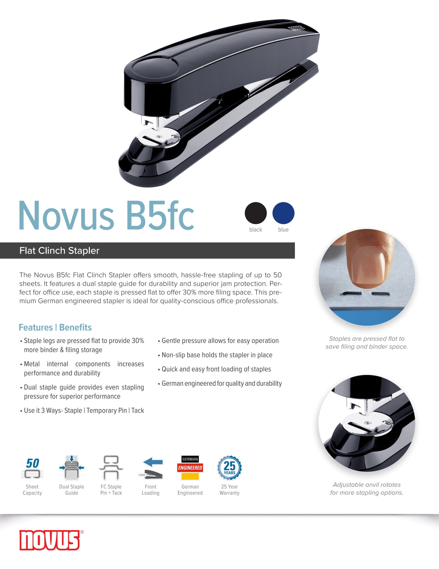 Novus B5fc Flat Clinch Stapler, 50 Sheet Max, German Engineered, Staple|Pin|Tack, Blue (020-1480)