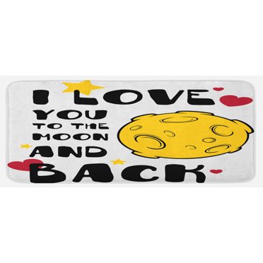 I Love You Kitchen Mat, Moon Surface Romance Big Love Galactic Partners Friends Valentines Print, Plush Decorative Kitchen Mat with Non Slip Backing, 47" X 19", Yellow Black Red, by Ambesonne