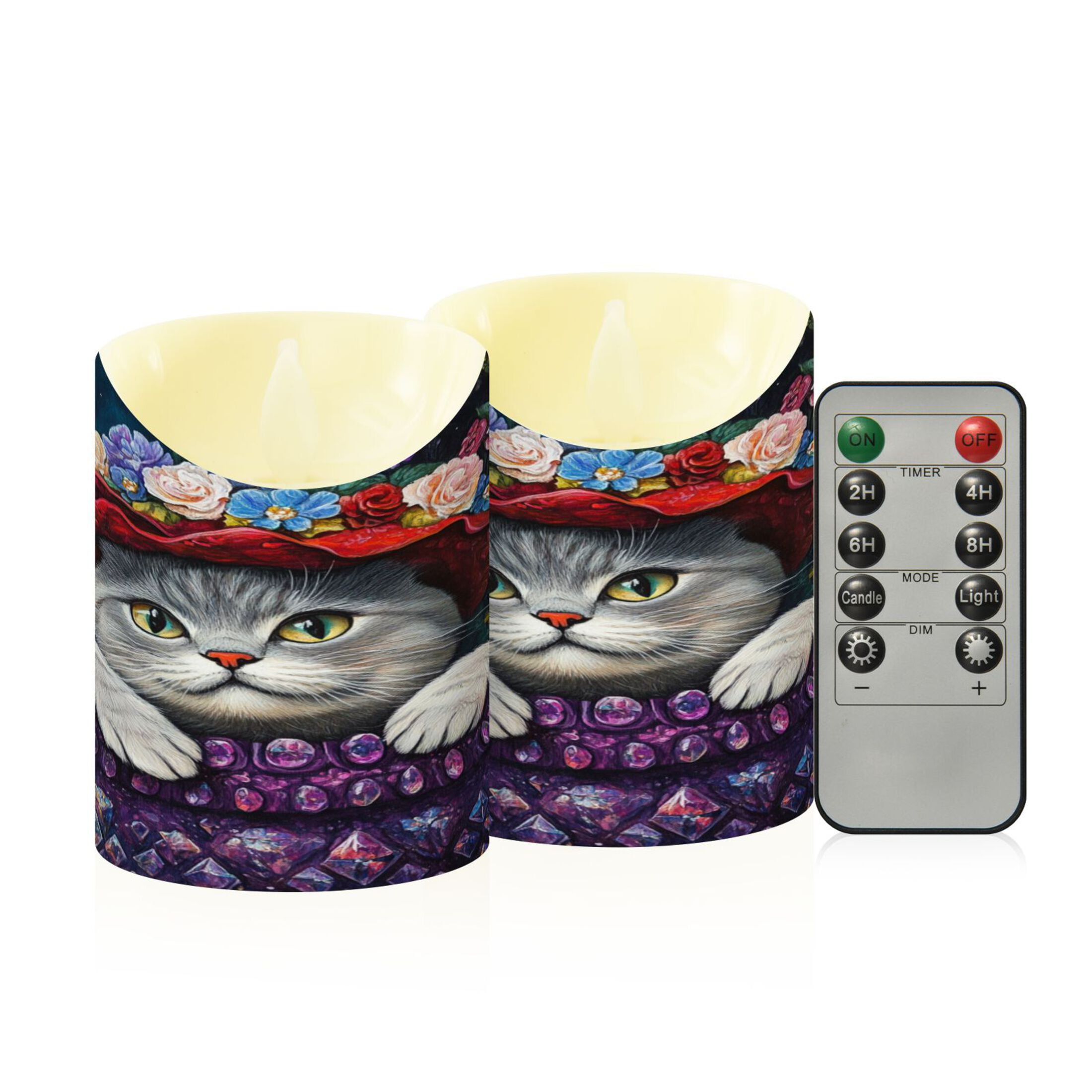 Wobogo Cute Cat Wearing Wreath Flameless Candles with Remote Battery Operated Flickering LED Candles with Timer 2/4/6/8H Medium Size