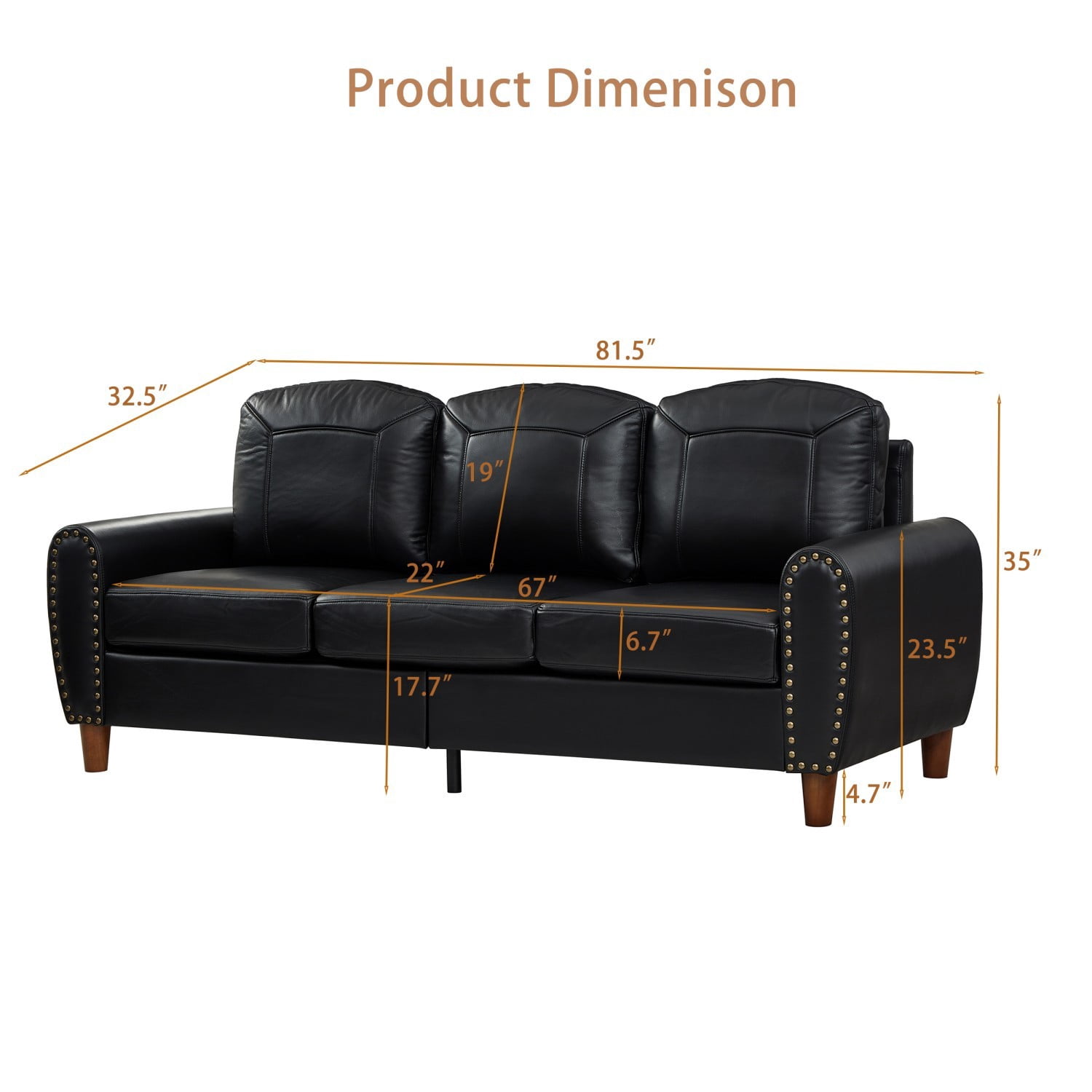 81.5" Classic Faux Leather Sofa Couch Rolled Arm Upholstered PU Leather Living Room Sofa with Solid Wood Legs, 3 Seater Couch for Home Office, Black