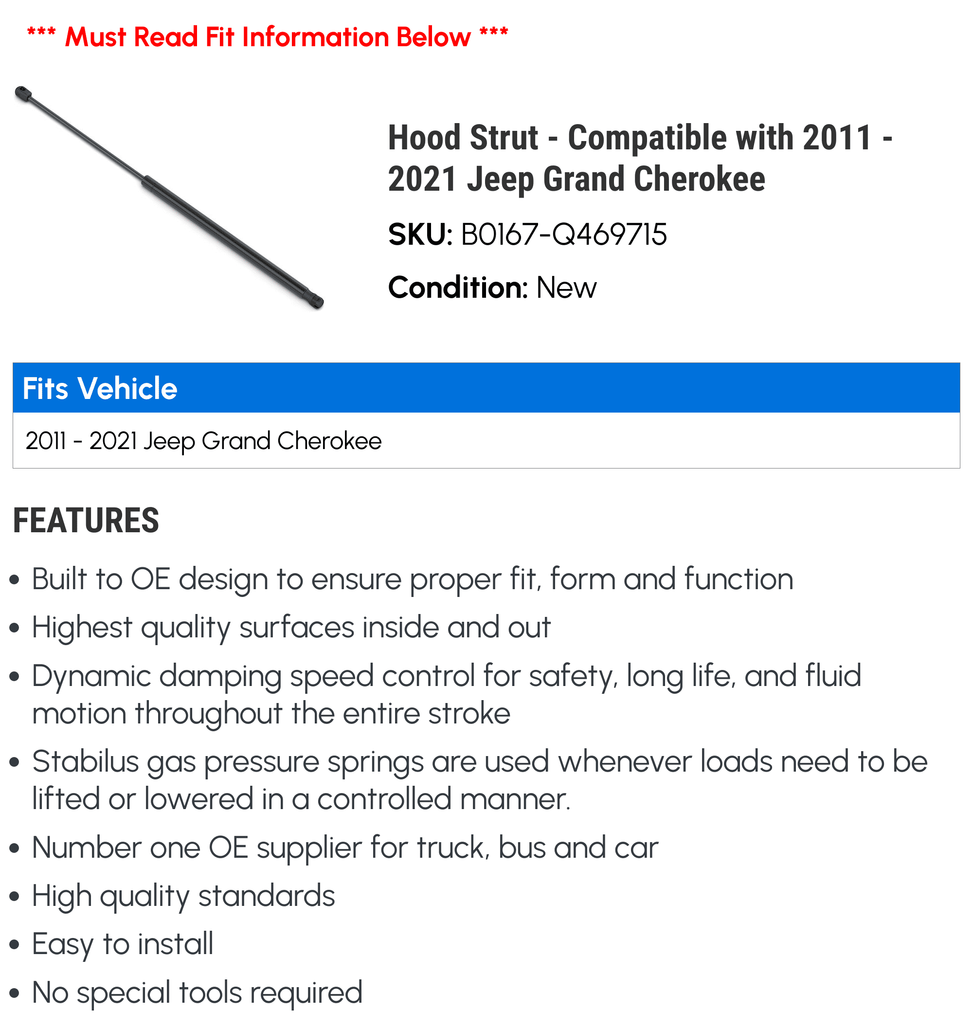 Hood Strut - Compatible with 2011 - 2021 Jeep Grand Cherokee 2012 2013 2014 2015 2016 2017 2018 2019 2020