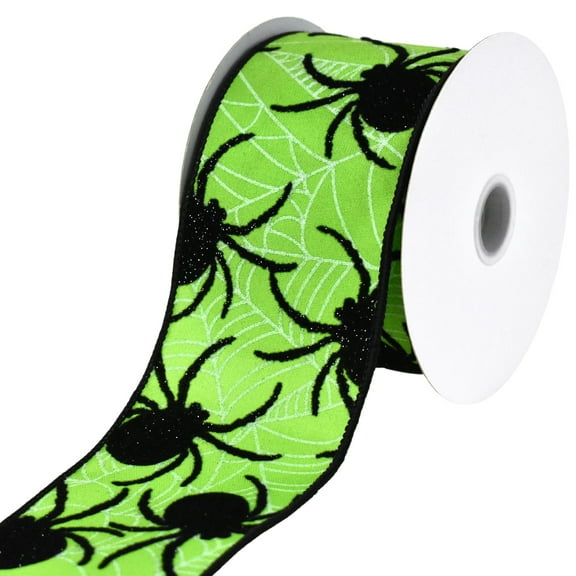 Homeford Halloween Flocked Spider Webs Satin Wired Ribbon, 2-1/2-inch, 10-yard, Lime