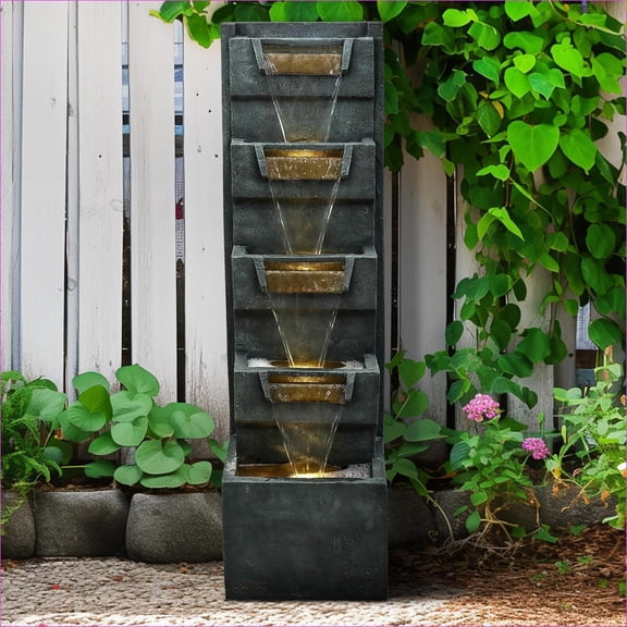 Fountains | 5-Tier Modern 39.3" Indoor/Outdoor Water Fountain, Slate Gray, with LED Lights, for Garden Patio | Gray | Resin